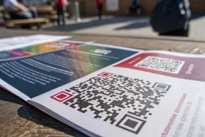 Close-up of a dynamic QR code on a modern marketing brochure, emphasizing its intricate patterns with vivid colors and sharp shadows.