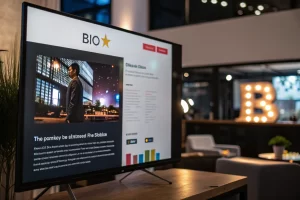 Branded bio page on a digital screen in a modern workspace, featuring vibrant colors and call-to-action buttons against a blurred background.