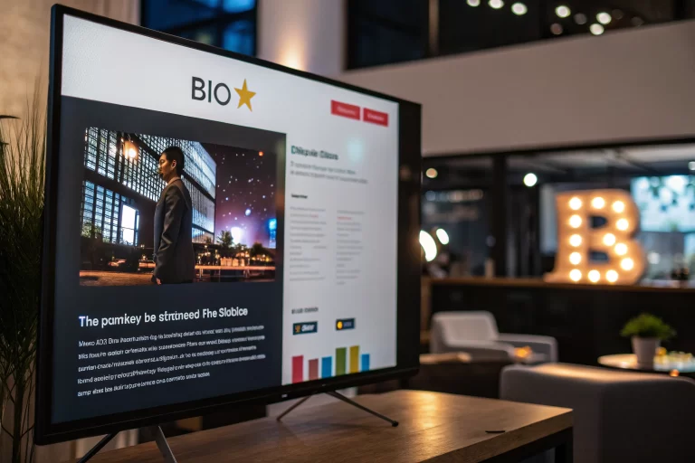 Branded bio page on a digital screen in a modern workspace, featuring vibrant colors and call-to-action buttons against a blurred background.