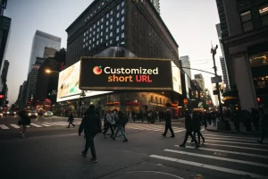 Billboard advertisement for a short URL in a busy city intersection, featuring a vibrant branded domain name surrounded by pedestrians. The image highlights the modernity and energy of urban life, with dramatic shadows enhancing the overall composition.
