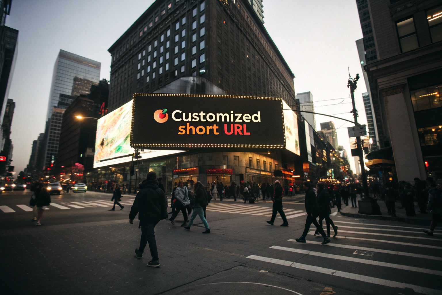 Billboard advertisement for a short URL in a busy city intersection, featuring a vibrant branded domain name surrounded by pedestrians. The image highlights the modernity and energy of urban life, with dramatic shadows enhancing the overall composition.