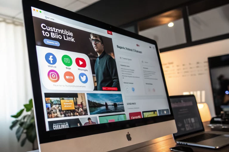 Customizable bio link page interface on a digital screen in a modern workspace, featuring social media icons and colorful buttons, with a video preview, showcasing an innovative digital design.