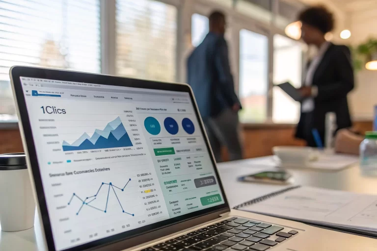 Close-up shot of a laptop screen displaying colorful analytics and performance data for digital marketing. The background is a blurred office scene, symbolizing an active work environment.