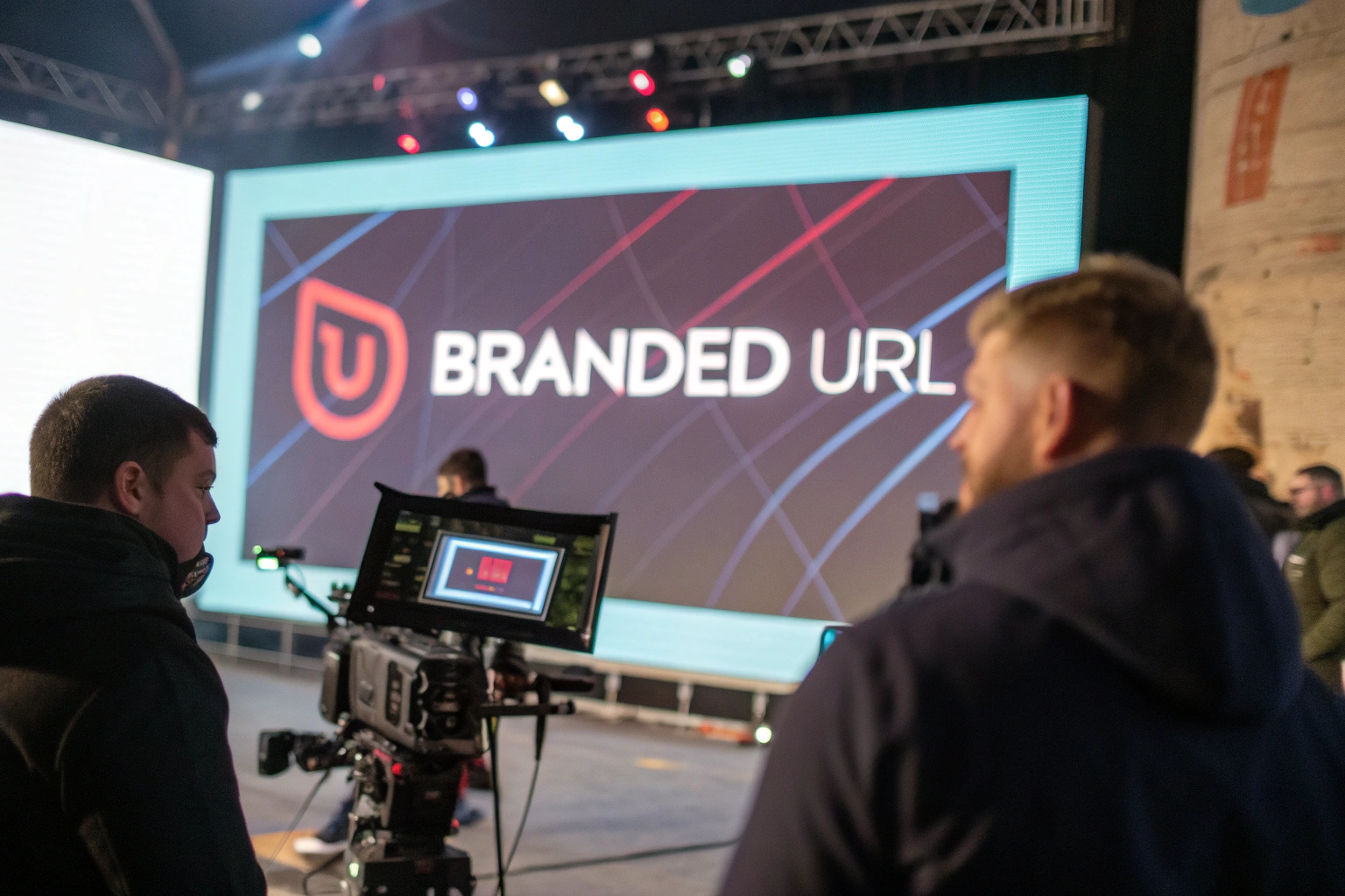 A digital marketing screen prominently displaying a branded URL with a vibrant abstract background, emphasizing technology and professionalism.