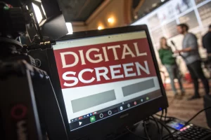 Close-up view of a digital screen showcasing a bold branded short URL amid a blurred social media interface, with sharp shadows emphasizing the link.