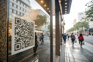 Close-up of a large QR code sticker on a store window, with urban street reflections and blurred pedestrians in the background, all illuminated by natural light.