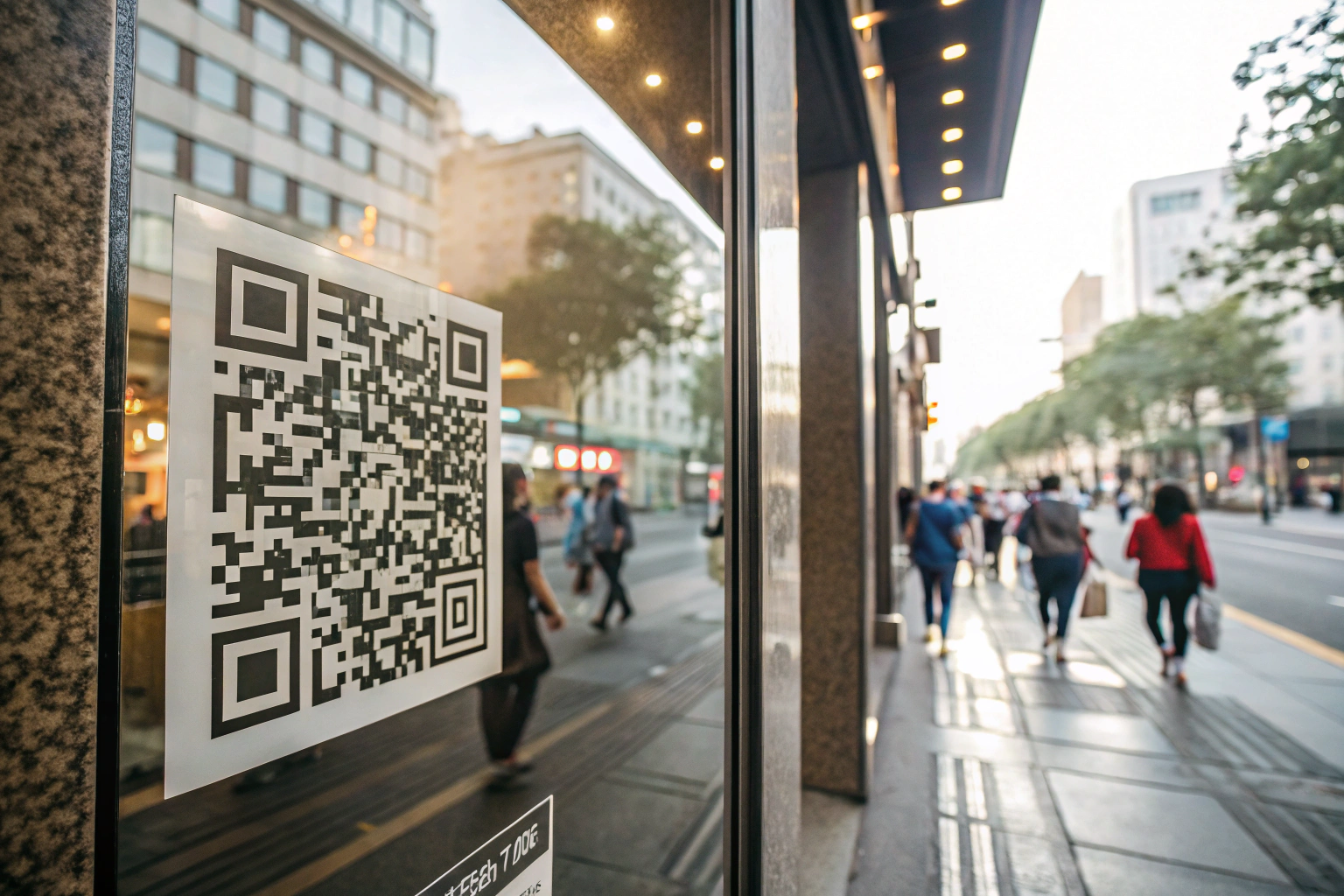 Close-up of a large QR code sticker on a store window, with urban street reflections and blurred pedestrians in the background, all illuminated by natural light.