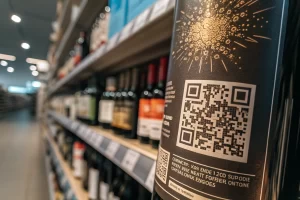 A prominent QR code on a product label in a marketing environment, surrounded by abstract digital elements and highlighted by sharp shadows to emphasize its intricate design.