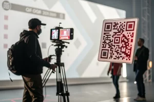 A cinematic image of a branded QR code against a minimalistic, technologic backdrop based on the company's color palette, emphasizing its role in digital marketing.