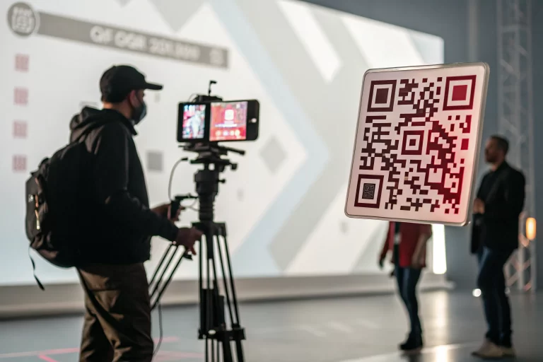 A cinematic image of a branded QR code against a minimalistic, technologic backdrop based on the company's color palette, emphasizing its role in digital marketing.