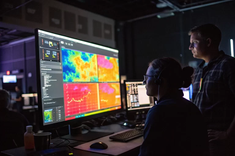A vibrant website heatmap glows on a large computer screen in a dimly lit tech room, showcasing user interactions with bright colors. Surrounding modern digital equipment creates an innovative atmosphere without identifiable individuals.