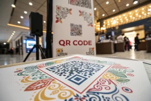 A vibrant custom QR code displayed on a blank surface with artistic patterns and subtle call-to-action text, set in a modern marketing environment with diffused glow lighting.