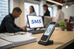 A mobile phone displaying an incoming SMS notification in an office environment, emphasizing urgency and connectivity with a blurred background, sharp shadows, and off-center composition.