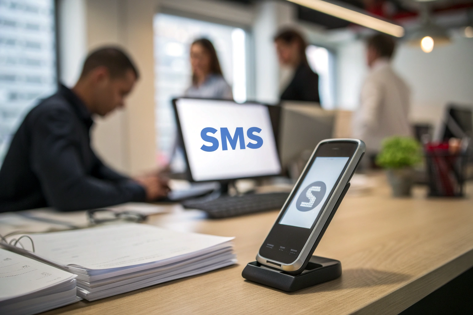 A mobile phone displaying an incoming SMS notification in an office environment, emphasizing urgency and connectivity with a blurred background, sharp shadows, and off-center composition.