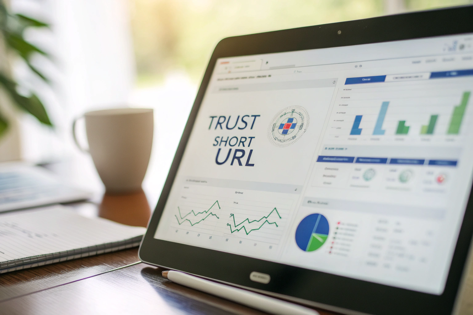 Digital marketing dashboard featuring a prominently displayed branded short URL, graphs, and charts in a polished interface, conveying trust and professionalism.