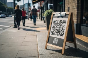 A sandwich board displaying a prominent QR code outside a coffee shop, set in a busy urban street with blurred background and sharp shadows on the sidewalk.