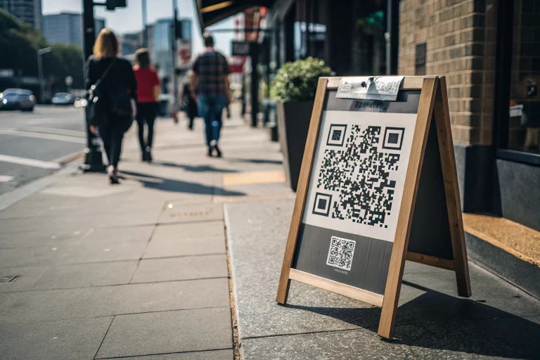 A sandwich board displaying a prominent QR code outside a coffee shop, set in a busy urban street with blurred background and sharp shadows on the sidewalk.