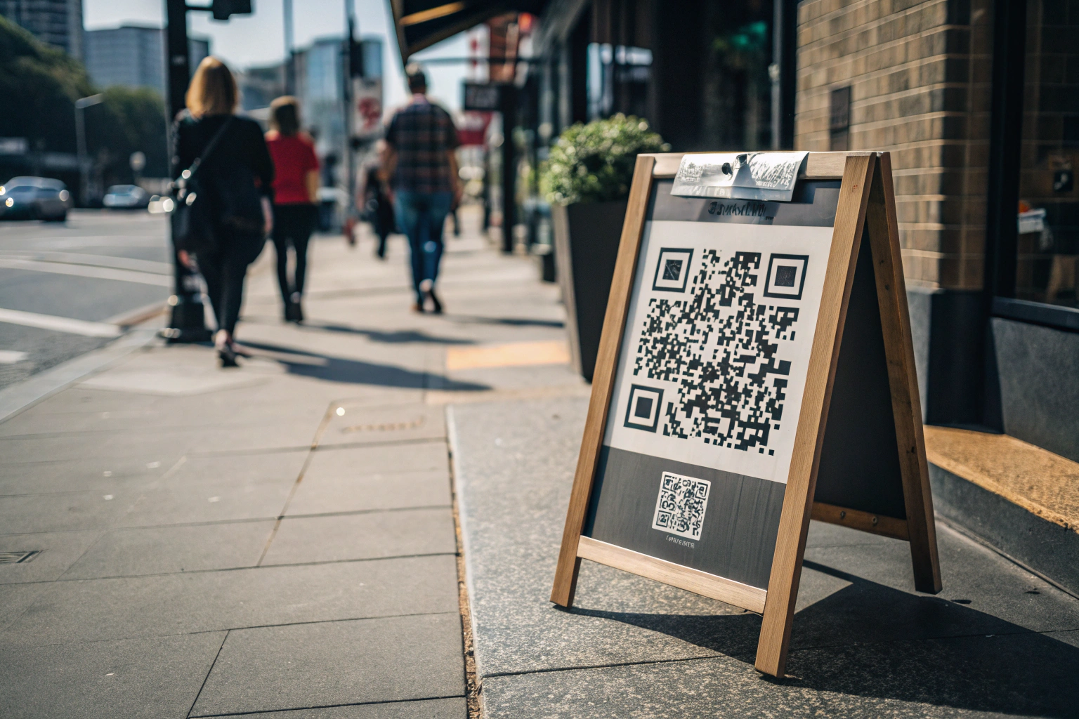 A sandwich board displaying a prominent QR code outside a coffee shop, set in a busy urban street with blurred background and sharp shadows on the sidewalk.