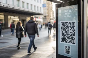 A modern digital billboard showcasing a prominent QR code, set in a vibrant city scene with blurred pedestrians, symbolizing the fusion of technology and everyday life.
