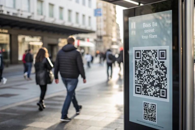 A modern digital billboard showcasing a prominent QR code, set in a vibrant city scene with blurred pedestrians, symbolizing the fusion of technology and everyday life.