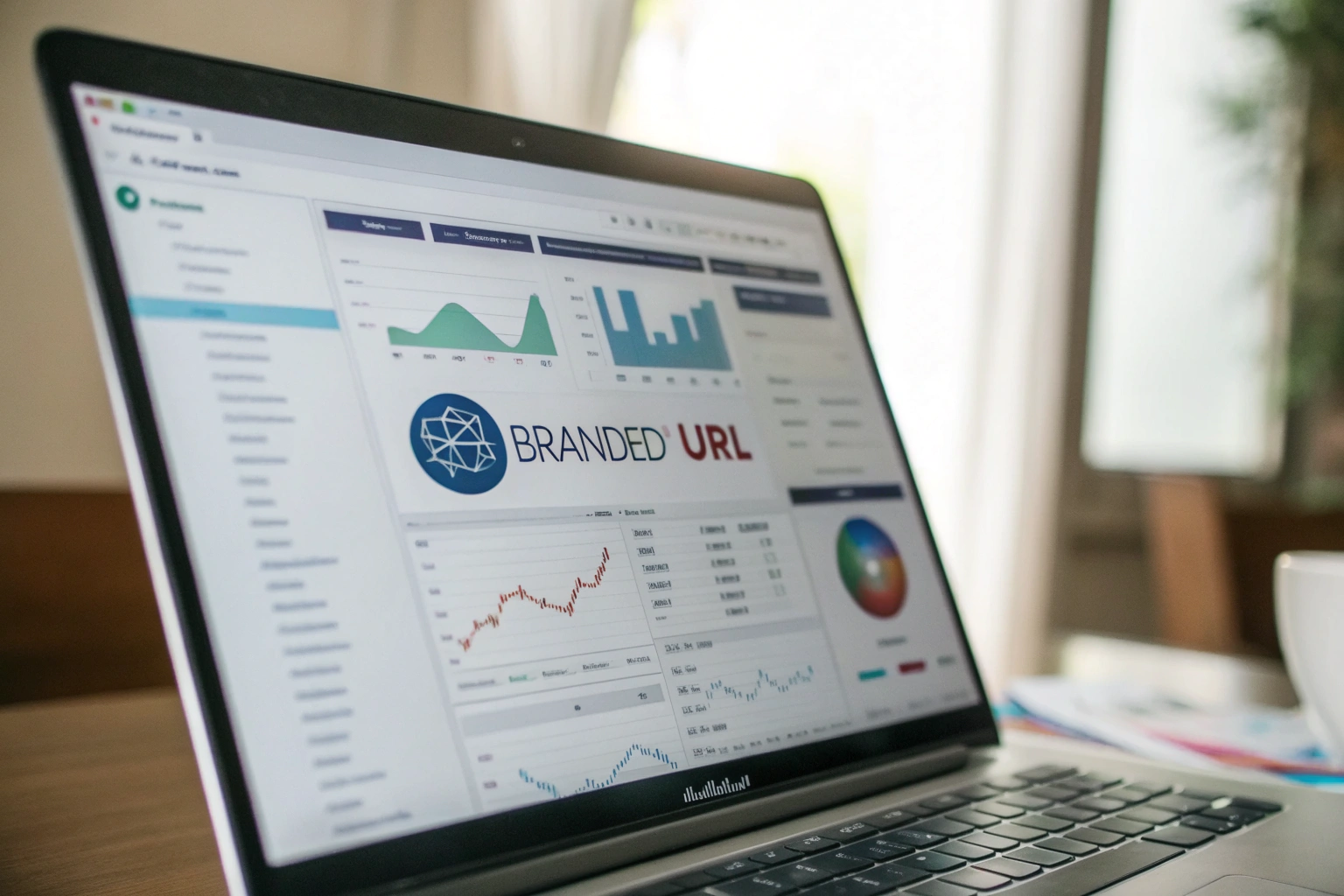 A digital marketing dashboard featuring a prominently displayed branded URL link surrounded by analytics data and charts, with atmospheric backlighting enhancing the focus on the URL.
