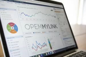 A computer screen showcasing OpenMyLink's analytics dashboard with colorful graphs and metrics for tracking email campaign performance, set in a clean, organized workspace.