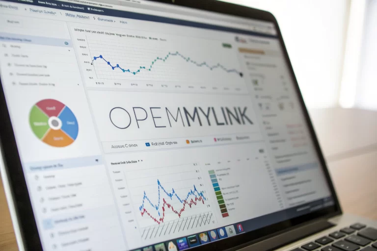 A computer screen showcasing OpenMyLink's analytics dashboard with colorful graphs and metrics for tracking email campaign performance, set in a clean, organized workspace.