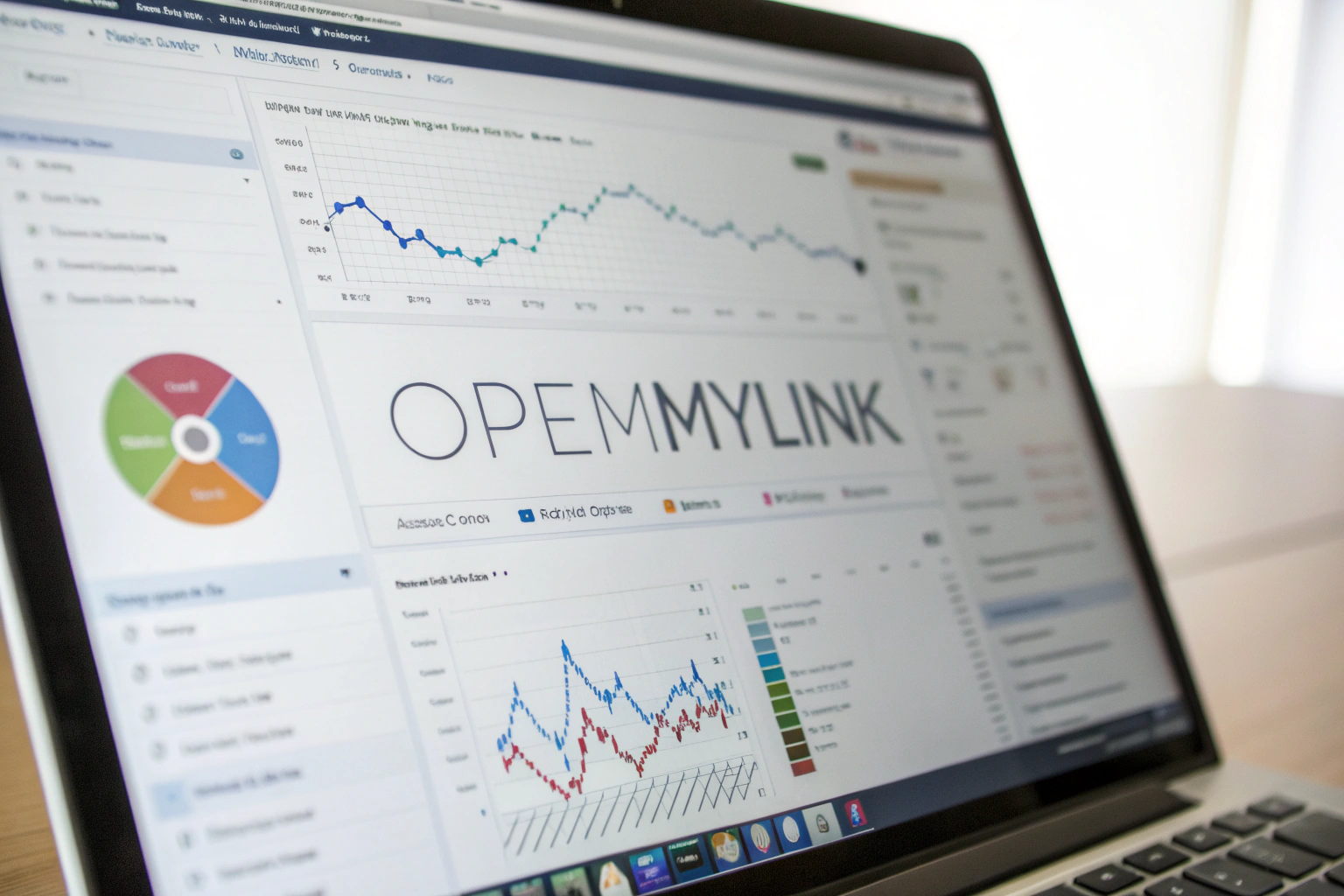 A computer screen showcasing OpenMyLink's analytics dashboard with colorful graphs and metrics for tracking email campaign performance, set in a clean, organized workspace.