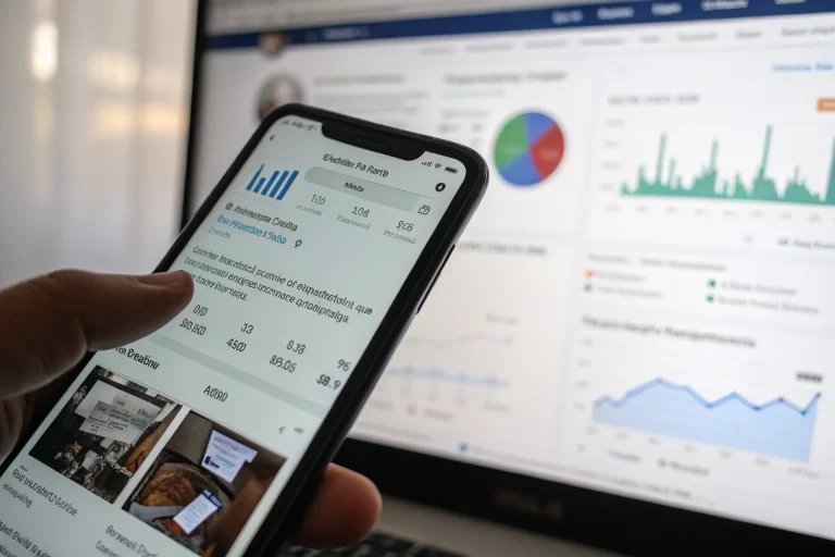 A smartphone showing a social media feed with short links in sharp focus, while a blurred desktop screen displays an analytics dashboard in the background. The lighting creates defined shadows, emphasizing the clarity of the screens.