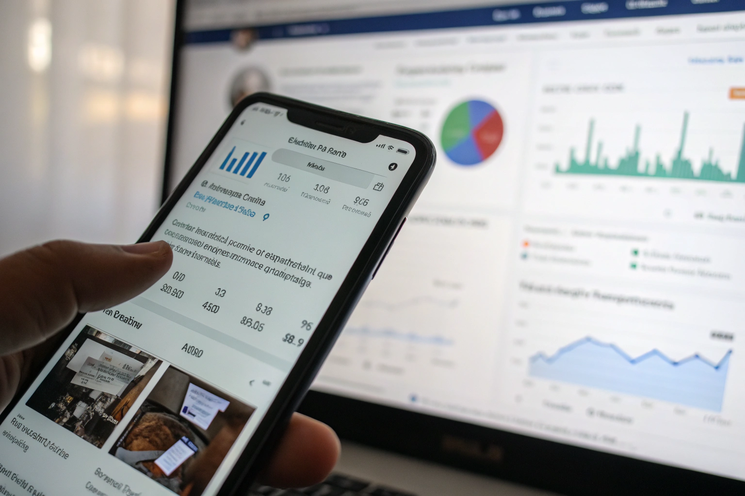 A smartphone showing a social media feed with short links in sharp focus, while a blurred desktop screen displays an analytics dashboard in the background. The lighting creates defined shadows, emphasizing the clarity of the screens.