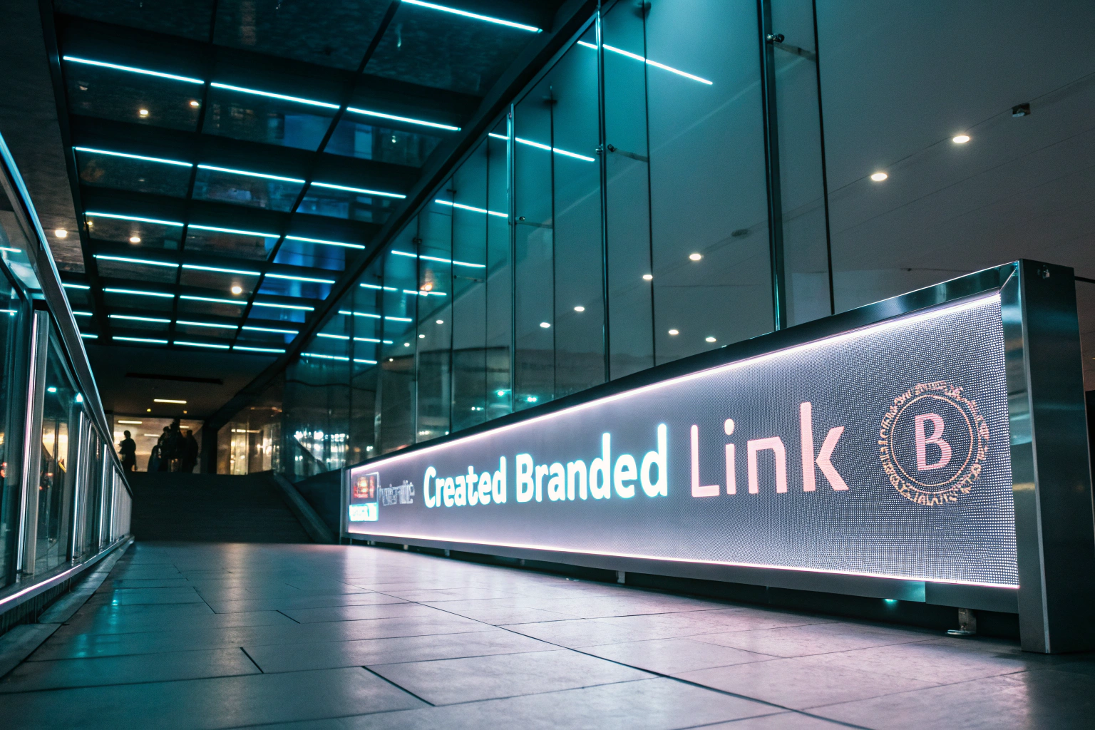 Futuristic digital banner showcasing a branded URL link, glowing softly in a modern setting. The design is sleek and clean, surrounded by environmental elements that enhance its innovative appearance.