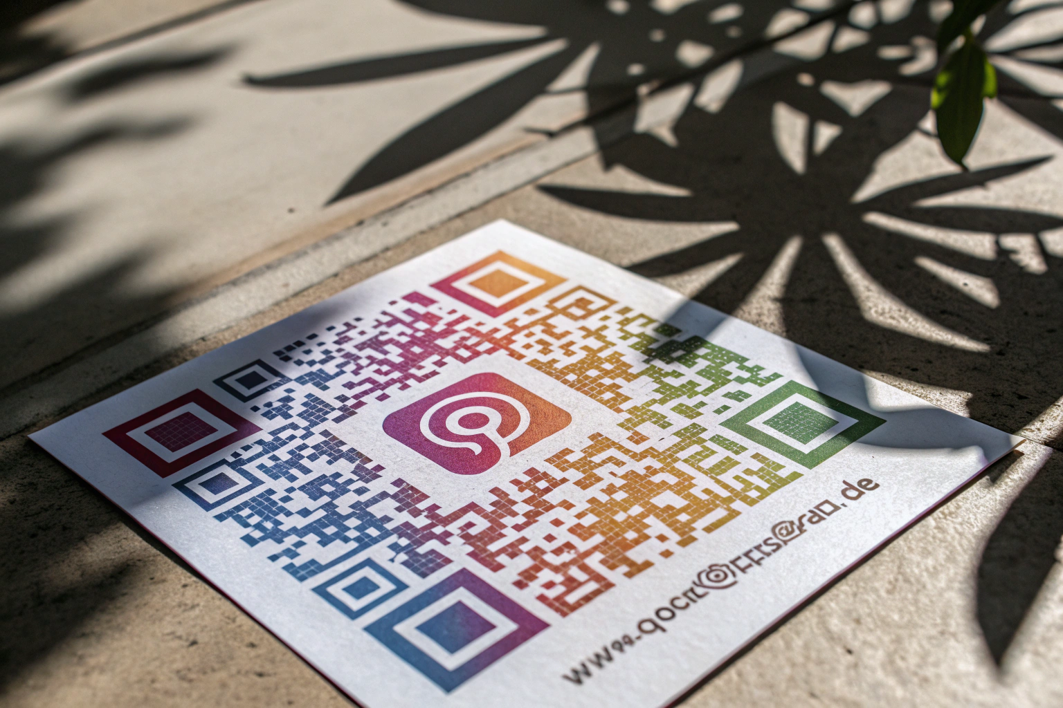 A colorful QR code with a center logo set against a shadowy background, featuring geometric patterns and vibrant gradients, in an off-center composition.