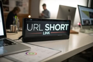 A modern digital display showcasing a short URL, with a blurred office background and dramatic lighting that highlights the URL's clarity and design.