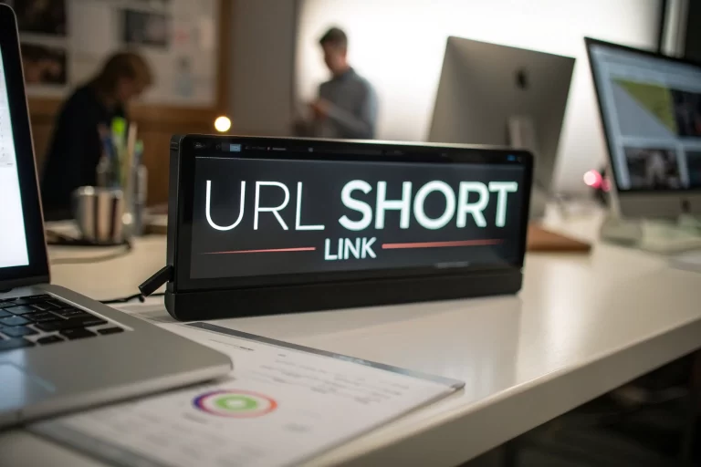 A modern digital display showcasing a short URL, with a blurred office background and dramatic lighting that highlights the URL's clarity and design.