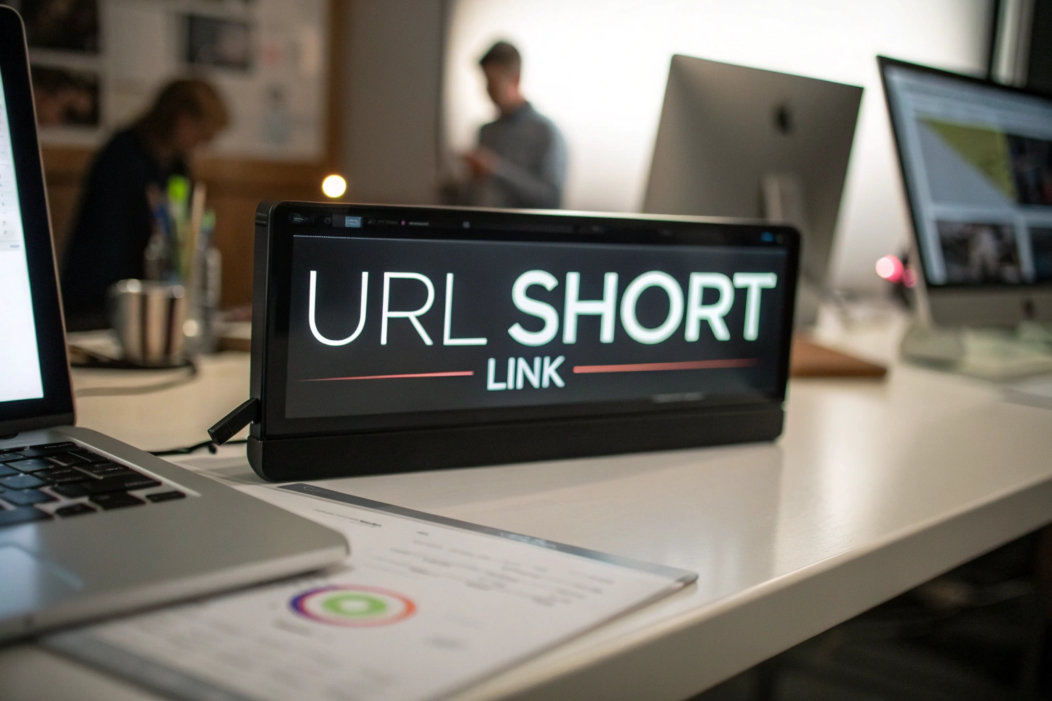 A modern digital display showcasing a short URL, with a blurred office background and dramatic lighting that highlights the URL's clarity and design.