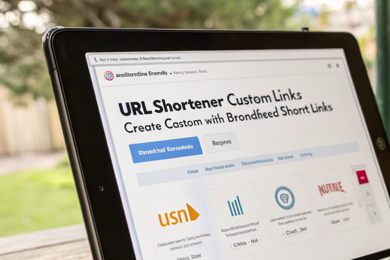 Framed interface of a URL shortener showcasing options for custom links and analytics, set in bright colors. The design is symmetrical and modern, highlighting the digital elements in a clean layout.