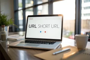 Computer screen displaying a professional URL shortener interface with a clean short URL, set in a digital marketing background, illuminated by ambient light.