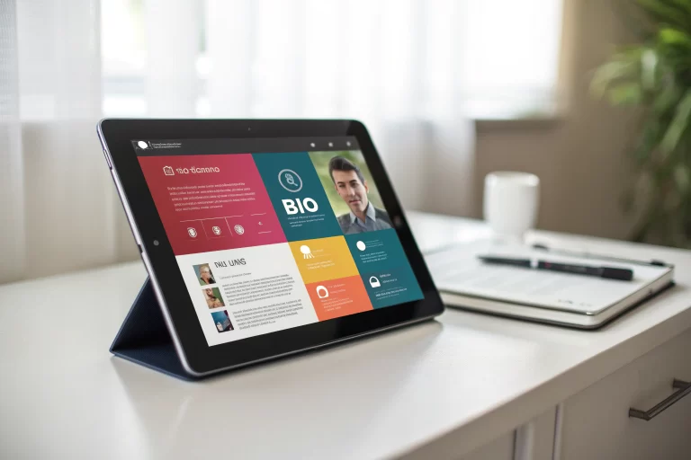 A sleek digital tablet displaying a vibrant branded bio page interface on a minimalist desk. The screen features organized links and social media icons, illuminated by soft diffused lighting.