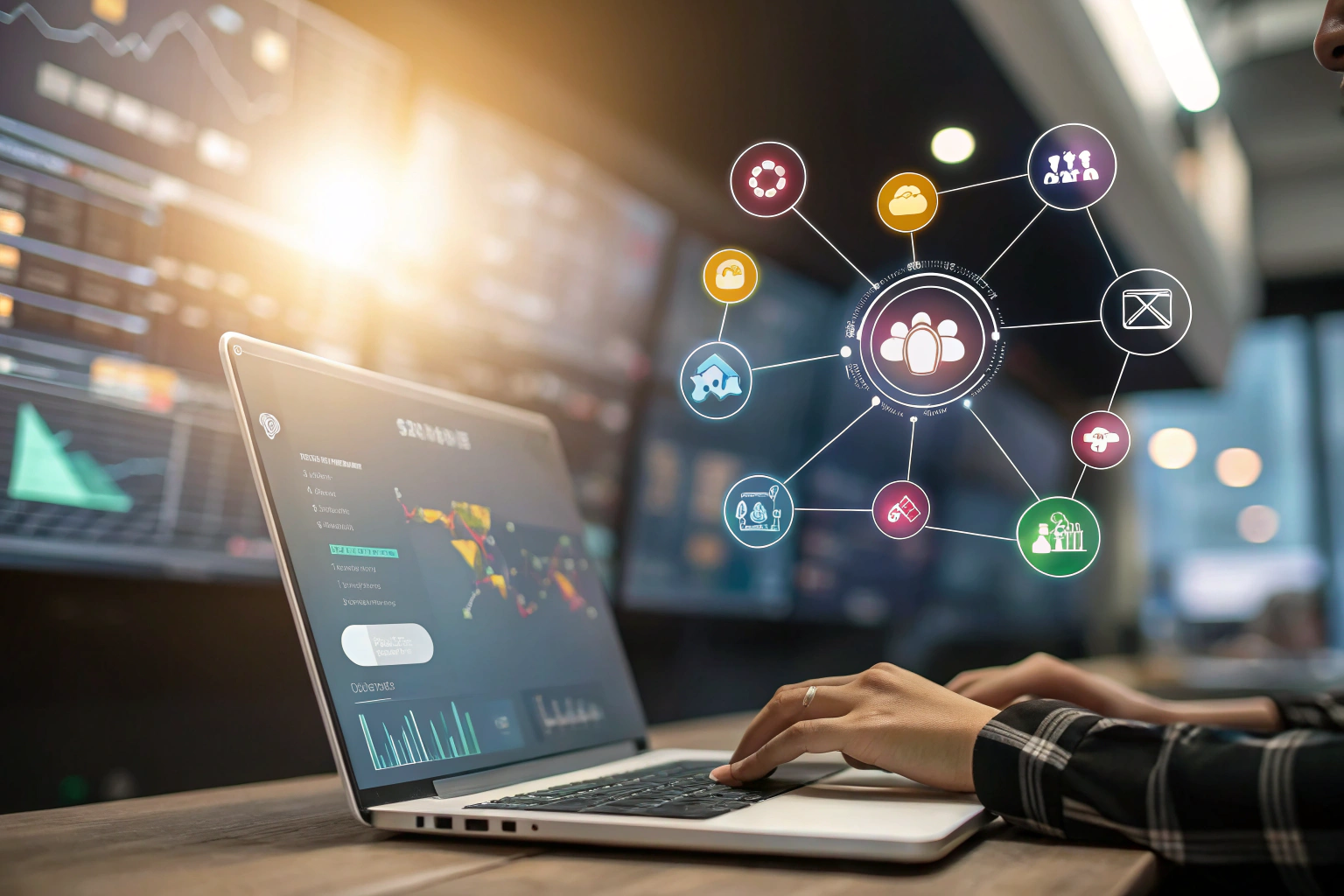 A digital bio link page at the center, surrounded by glowing digital icons of social media and networking, set against a blurred dynamic dashboard background, with soft lighting for a futuristic feel.