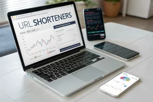 Modern URL shorteners displayed in a high-tech workspace, featuring a laptop and mobile device integrating digital marketing tools with a minimalist aesthetic.