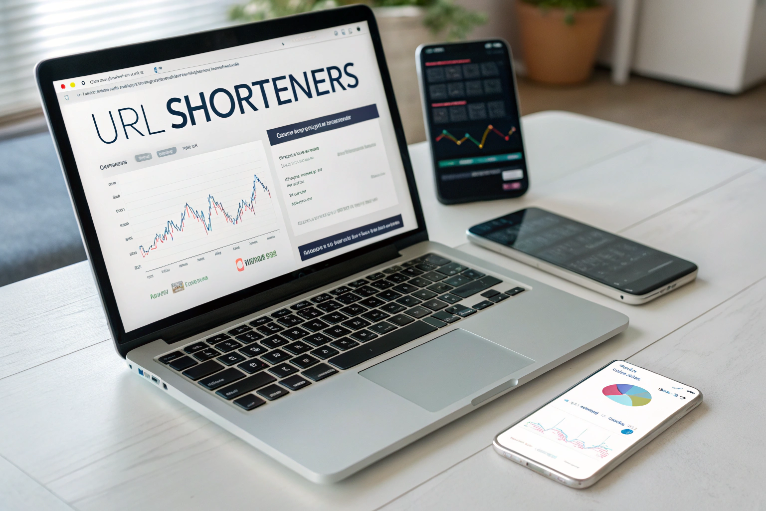 Modern URL shorteners displayed in a high-tech workspace, featuring a laptop and mobile device integrating digital marketing tools with a minimalist aesthetic.