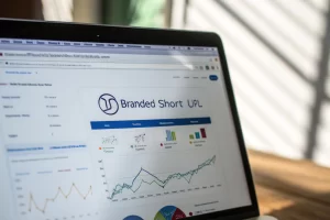 A computer screen displaying a branded short URL with a brand logo, surrounded by analytics graphs and charts, emphasizing digital marketing practices in a professional environment.