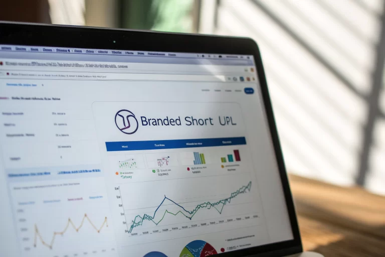 A computer screen displaying a branded short URL with a brand logo, surrounded by analytics graphs and charts, emphasizing digital marketing practices in a professional environment.