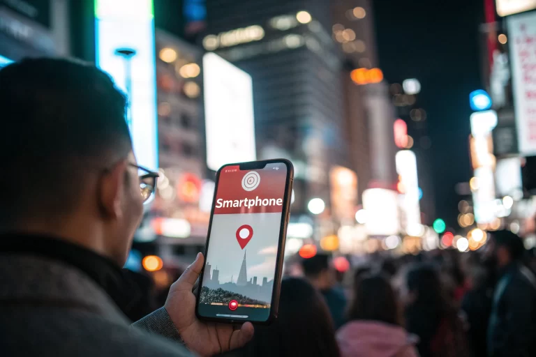 A smartphone screen showcasing a location-based advertisement, illuminated against a blurred backdrop of city lights at night, representing the fusion of digital marketing with urban life.