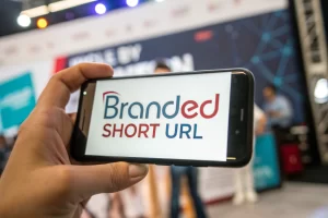 Close-up of a smartphone showing a branded short URL on its screen, with vivid lighting and an abstract digital background suggesting online interaction.