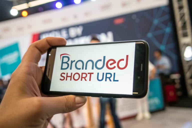 Close-up of a smartphone showing a branded short URL on its screen, with vivid lighting and an abstract digital background suggesting online interaction.