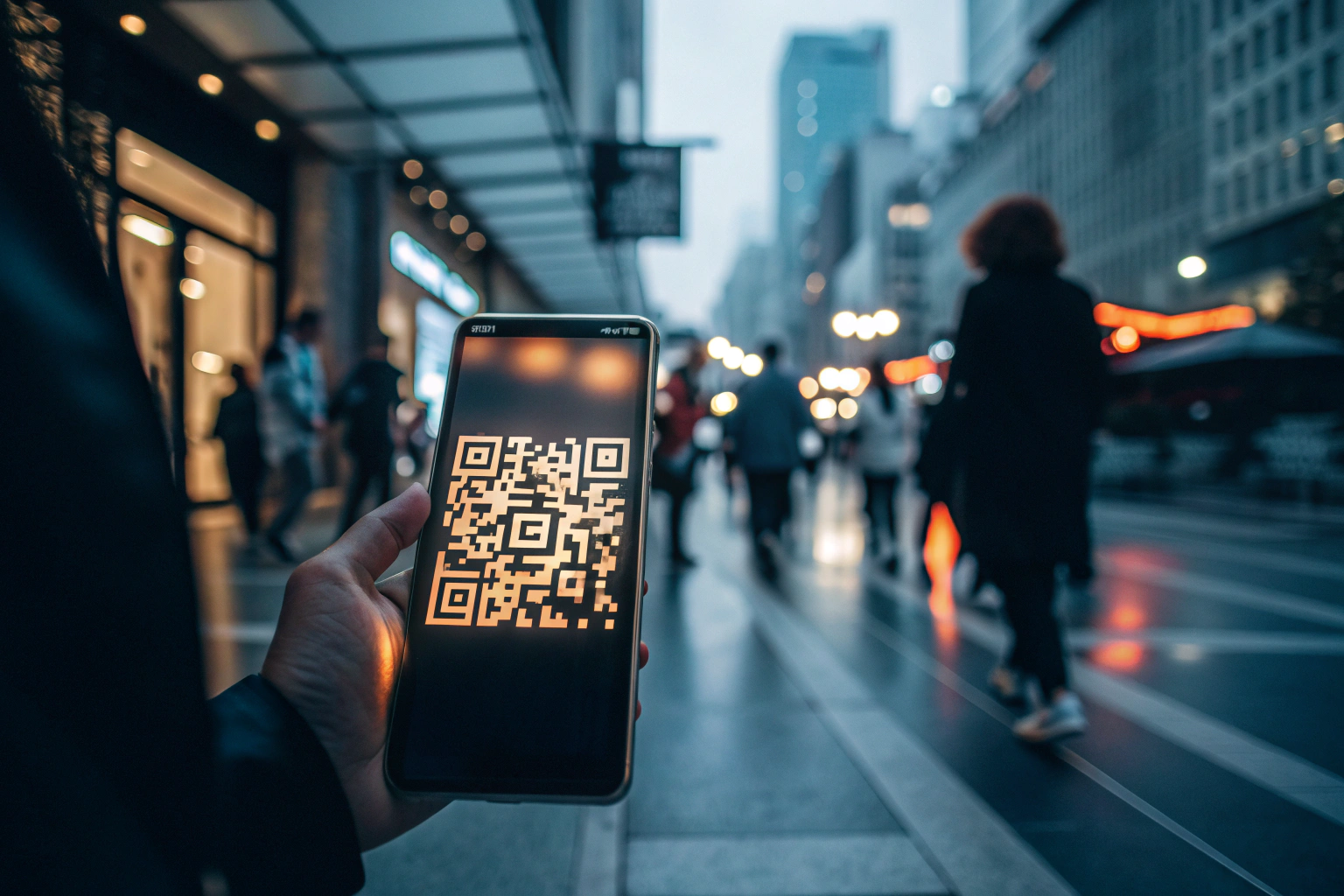 A close-up of a smartphone with a vivid dynamic QR code, glowing against a blurred urban backdrop, symbolizing engagement and connectivity.