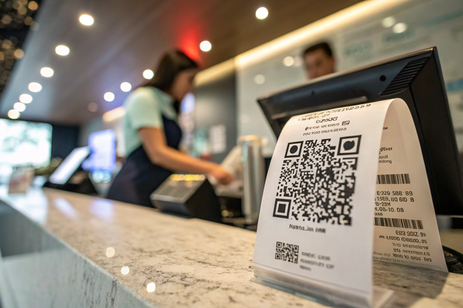 A digital receipt displaying a QR code in sharp focus, set against a softly blurred modern retail counter background, illuminated by natural light.
