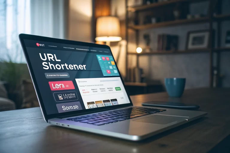 Laptop screen displaying a digital URL shortener tool with a vibrant interface, featuring real-time analytics and branded link options, set in a cozy office background.