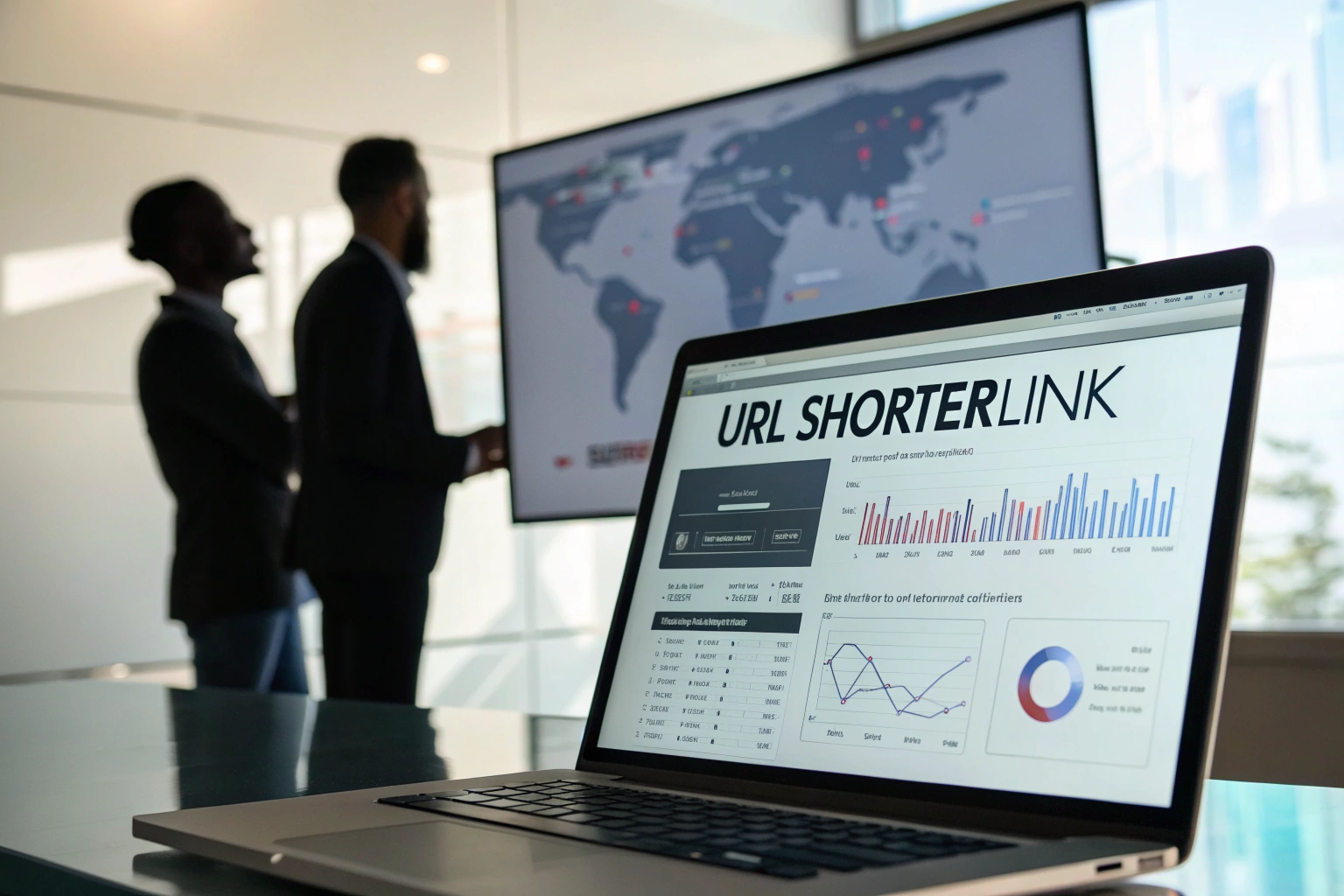 Computer screen displaying a sophisticated URL shortener interface with a branded shortened link, set in a modern office environment with digital marketing charts in the background, showcasing efficiency and modernity in design.